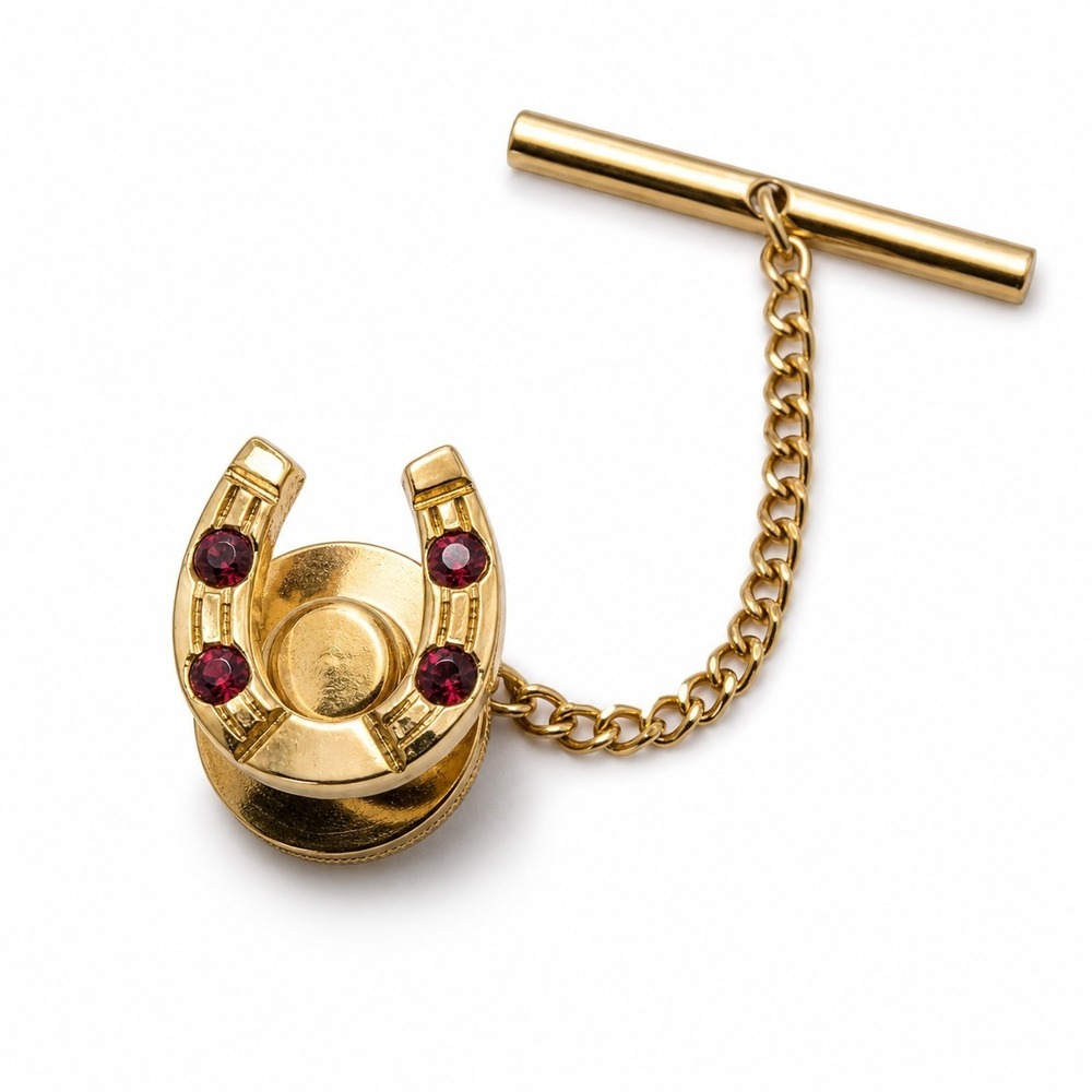 Vintage Swank Horseshoe Tie Tack Pin Gold Tone Red Rhinestone Chain T Bar